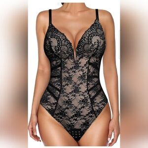 Popilush Black Floral Lace Backless Deep V Corset Shapewear Bodysuit Size Large